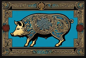 Side profile, Celtic, tribal, wild boar, On a Chatwin family crest with blue background, two gold stars, and a gold Chevron, and a Thistle. With bold black tribal lines. ancient Celtic, tribal boar tattoo idea