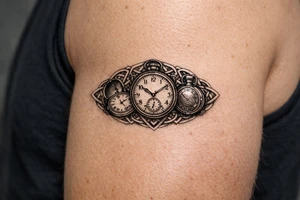 A trio of pocket watches, open and closed, framed by Celtic spirals. larger tattoo idea