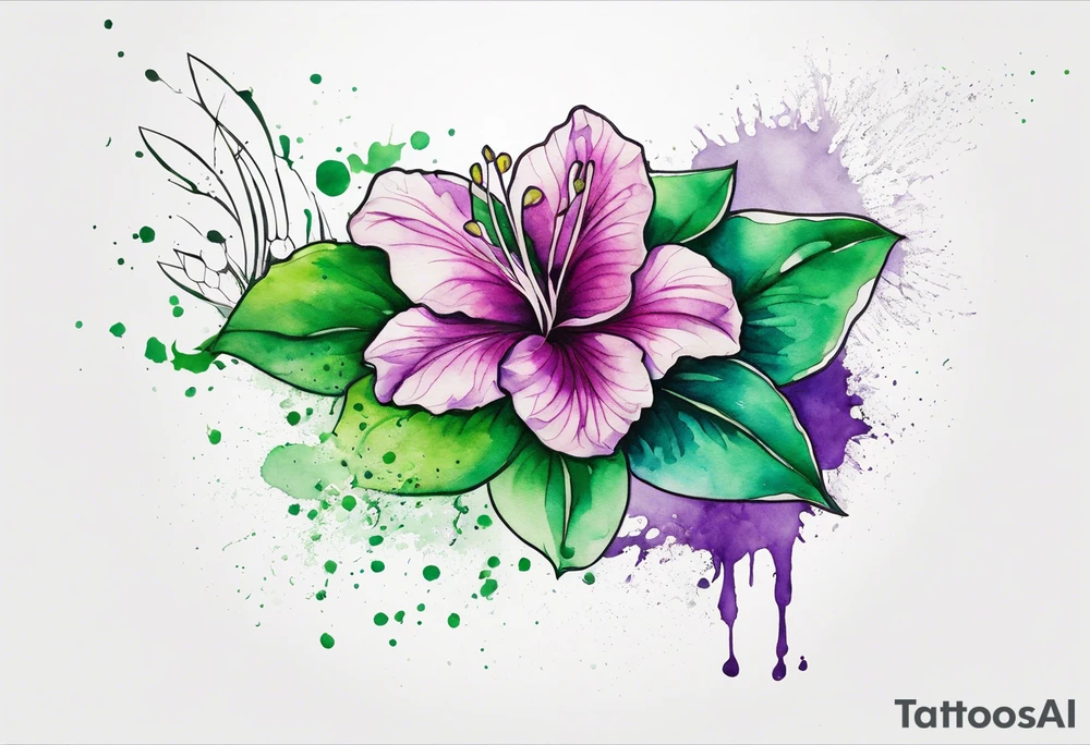 An outline of a green rio dipladenia flower and a green and purple watercolor splash in the background tattoo idea