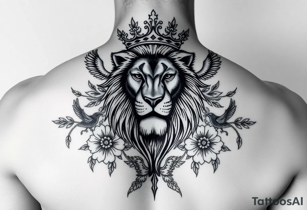 powerful majestic lion with a crown, surrounded by floral ornaments and birds tattoo idea