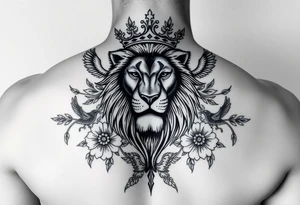 powerful majestic lion with a crown, surrounded by floral ornaments and birds tattoo idea