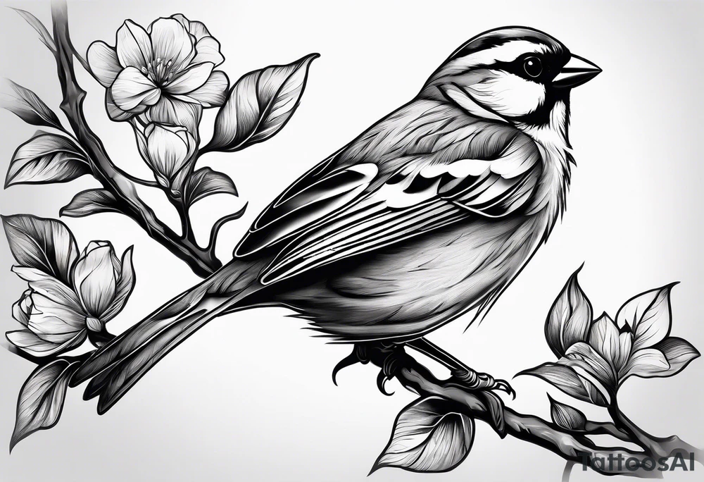 Create a delicate tattoo of a sparrow perched on a branch, featuring soft details and subtle shading for a gentle look tattoo idea