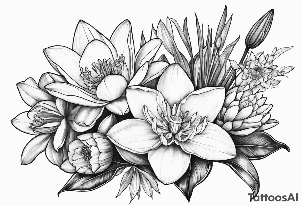 Bouquet of daffodils, water lily’s, and larkspur tattoo idea