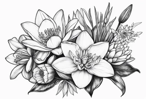Bouquet of daffodils, water lily’s, and larkspur tattoo idea