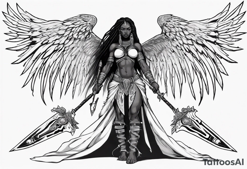 African female valkyre warrior full body angelic
slim long face long braided hair descending from heaven holding sword & shield tattoo idea