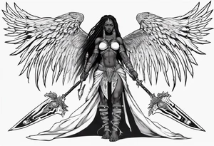 African female valkyre warrior full body angelic
slim long face long braided hair descending from heaven holding sword & shield tattoo idea