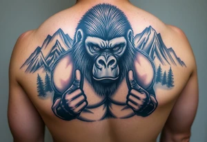 Silverback gorilla wearing amateur wrestling attire for a match as a person would. The surrounding area is mountainous jungle tattoo idea