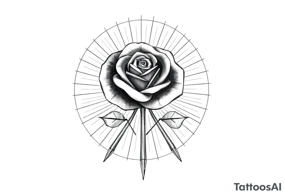 Uma ilustração abstrata com uma rosa estilizada no centro de um círculo. O círculo possui linhas radiais que se estendem para fora, criando um efeito de explosão ou halo ao redor da rosa. Abaixo do círculo, há um galho fino e alongado que conecta três alto-falantes arredondados, no estilo ‘boca de ferro’, dispostos de maneira orgânica. A composição é desenhada em tons de cinza, com texturas detalhadas e sombreamento para destacar profundidade e contraste. O estilo é artístico, minimalista, e ideal para design de tatuagens. tattoo idea