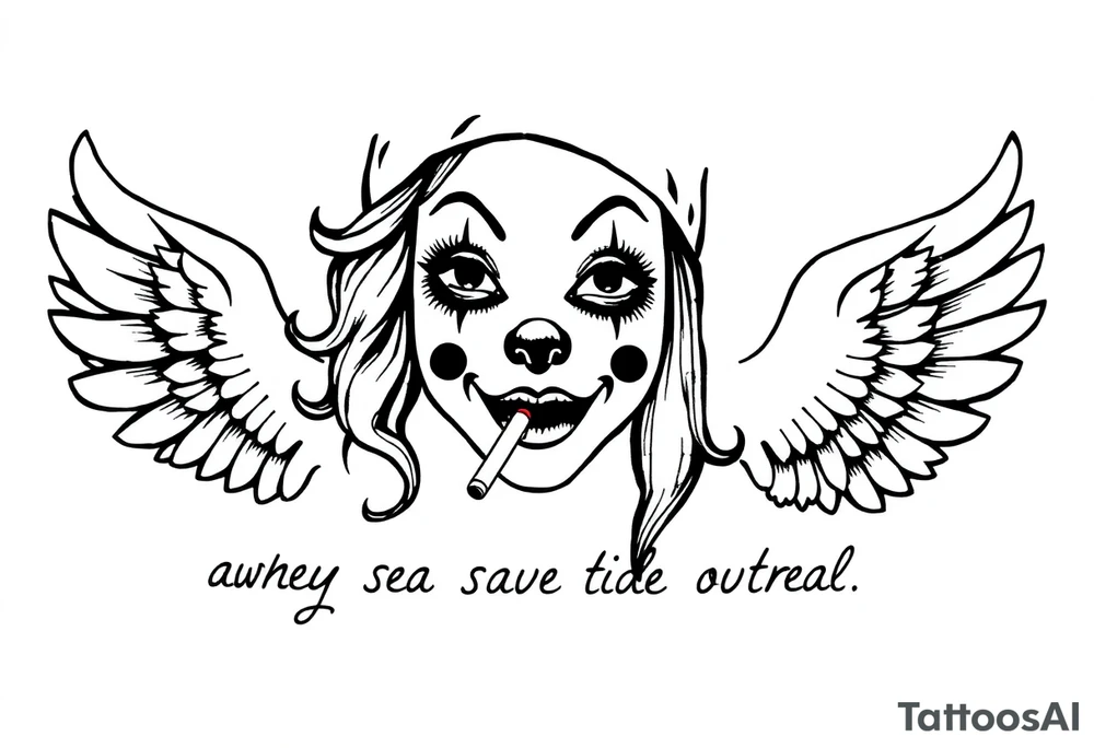 beautiful long hair pin up Clown face Girl payasa  thug beanie eyeglasses  angelic wings smoking a cigarette tattoo idea