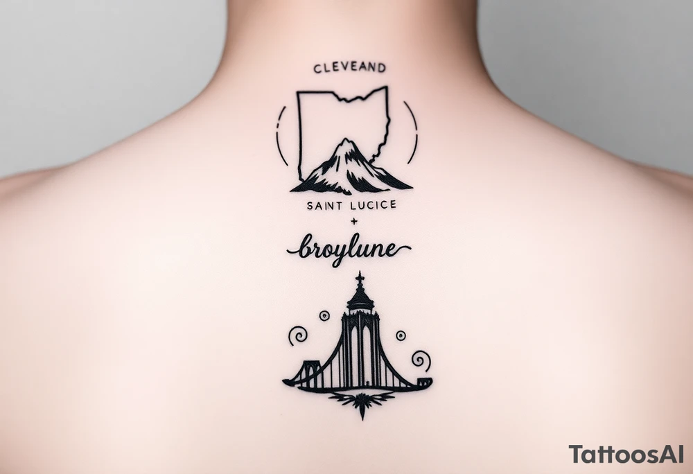 Elemental Coordinates Tattoo
Vertical layout with icons stacked top to bottom:

Cleveland – Outline of Ohio with a tiny heart/star

Wrapped or backed by the Earth symbol (solid base, mountain-like structure)

Saint Lucia – Wave and mountain line art

Surrounded by flowing Air symbol swirls

Maryland – Barn/tree with subtle wedding ring shape in foliage

Embraced by the Water symbol (fluid lines, holding it together)

Brooklyn – Stylized Brooklyn Bridge or brownstone silhouette

Rising from or behind the Fire symbol (bold flickers around edges)

Optional: Light text like dates, city names, or coordinates under each. tattoo idea