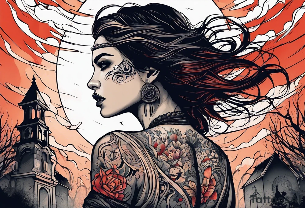 Courageous Woman with a tear running down her face walking out of a graveyard  leaving her old terrifying, scary, violent past behind her ethereal and mysterious tattoo idea
