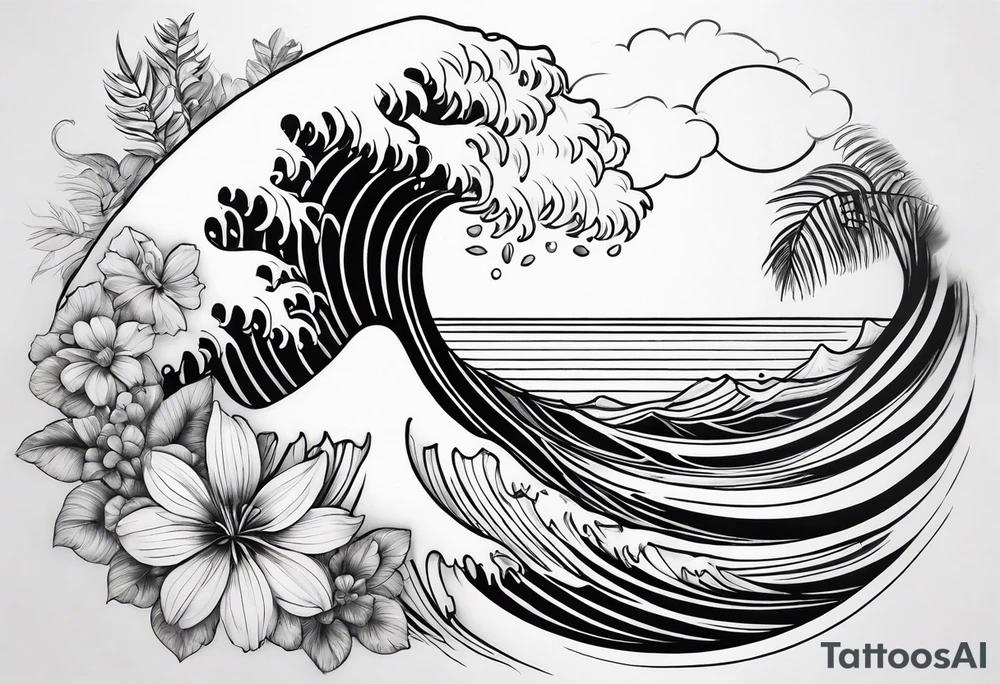 wave,, flower, palm, sea tattoo idea