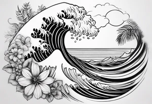 wave,, flower, palm, sea tattoo idea