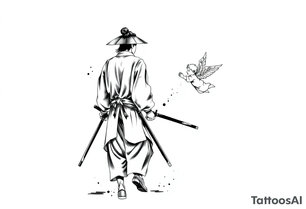 Blackwork tattoo illustration of a samurai walking forward, seen from behind. The samurai wears a traditional kimono and hakama, holding two long katanas in a relaxed but ready pose. To his right, a small child angel with detailed feathered wings floats in the air, gently reaching toward him with an outstretched hand. Strong contrast, dynamic ink splatters, sumi-e brush stroke effects, minimalist white background, dramatic lighting, emotional and symbolic composition, high-detail linework tattoo idea