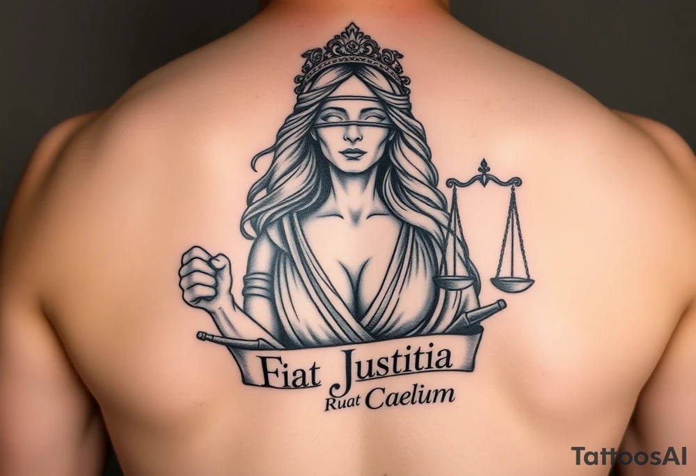 A striking black and grey tattoo design of a regal, blindfolded woman, symbolizing justice. She has an air of strength and wisdom, with flowing hair and a serene yet powerful expression. One breast is exposed, representing vulnerability and truth. She holds a sword in one hand, symbolizing enforcement of justice, and a set of scales in the other, signifying balance. The Latin phrase ‘Fiat Justitia Ruat Caelum’ is elegantly inscribed in a classical, Roman-inspired font, either flowing beneath her or wrapping around the design. The overall style is a fusion of realism and fine-line tattoo artistry, with intricate shading and dramatic contrasts to give depth and texture tattoo idea