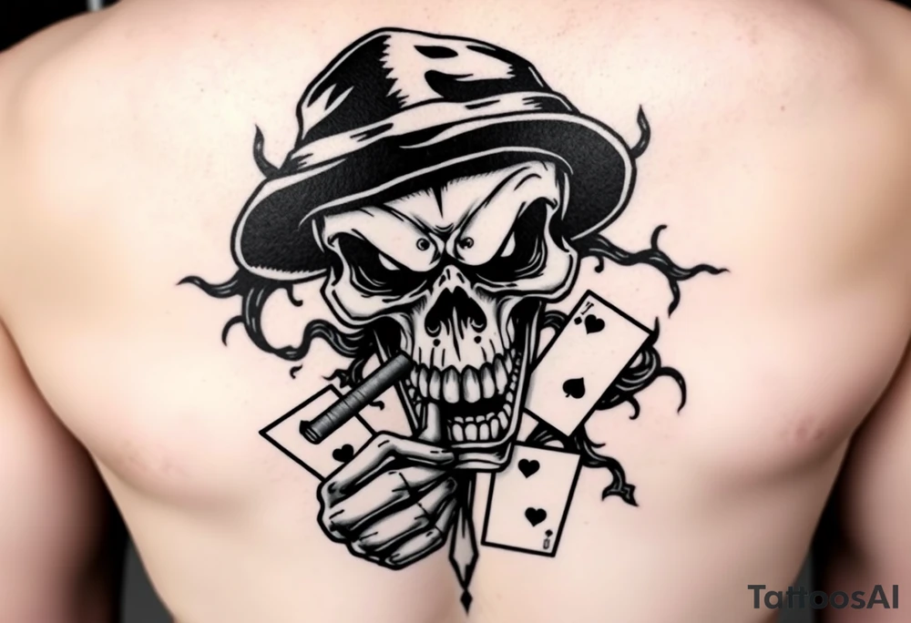 Gangster scene clown skull mid evil smoking cigar playing cards on the streets tattoo idea