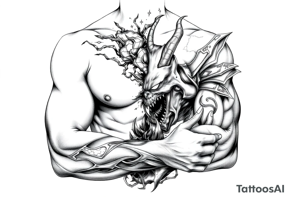 Battle for the souls, good on one side of body and evil on other , internal conflict, inner demons tattoo idea