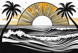 Hawaian beach with a big sun and many small waves, only black and white. The shape should BE a surfvoard tattoo idea
