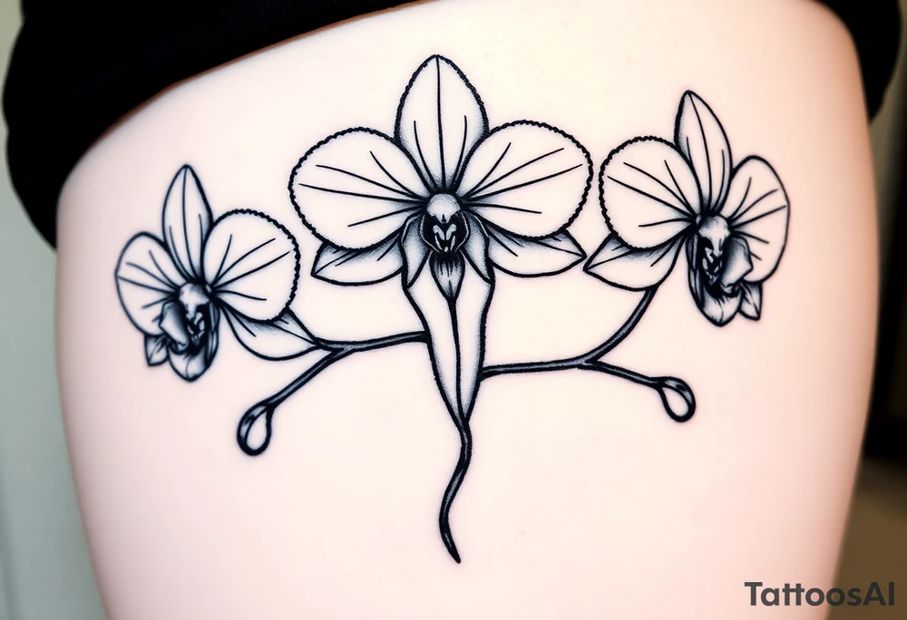 Three fine line orchids different size realistic, the central part resembles a vagina. Are connected with branches tattoo idea