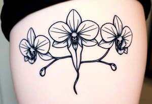 Three fine line orchids different size realistic, the central part resembles a vagina. Are connected with branches tattoo idea