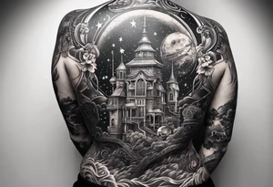 back and sleeve tattoo including chemistry, skulls, roller coaster track, space and stars tattoo idea