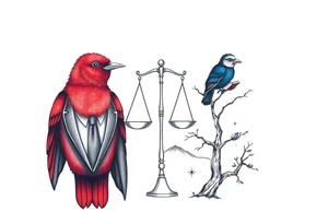 one of the birds red wearing a suit, other bird navy blue with glasses or holding a book, scales of justice built into a tree, starry night painting and mountain background tattoo idea