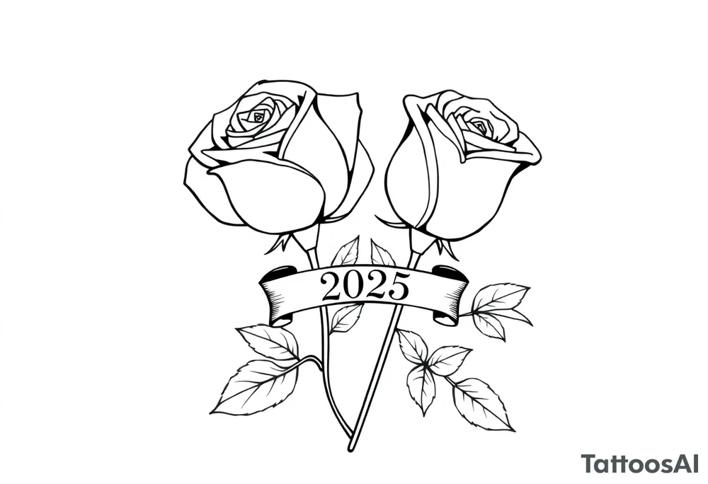 two beautiful large rose buds, one larger than the other, with many leaves next to the rose buds, with one sitting higher than the other. Include a banner connecting the two roses with the year 2025 on it.   Use dark outlines with little shading. The two stems should be short, not long, and connect and join into one stem, whimsically curved or twisted - not straight down. tattoo idea