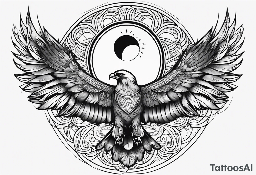 Large sun and moon tattoo that is tall 
Spiritual meaning behind it flowing into a falcon tattoo idea