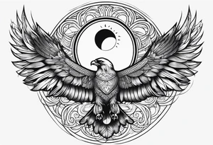 Large sun and moon tattoo that is tall 
Spiritual meaning behind it flowing into a falcon tattoo idea