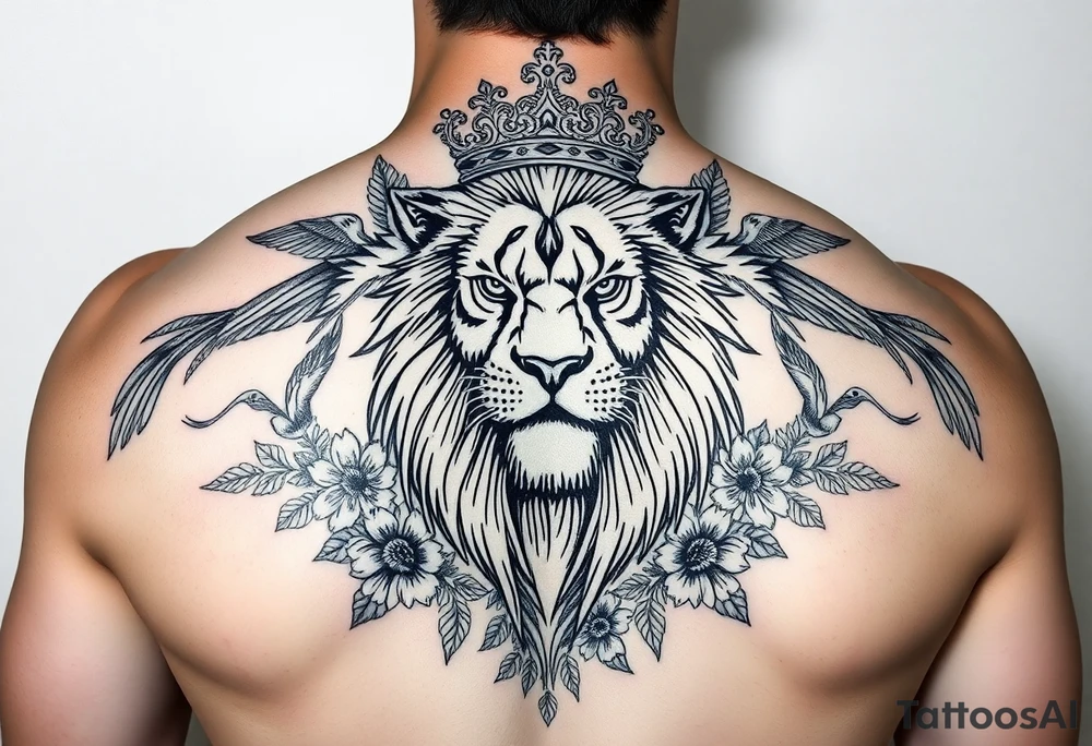 powerful majestic lion with a crown, surrounded by floral ornaments and birds tattoo idea