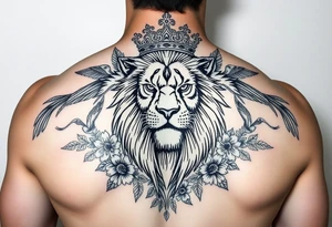 powerful majestic lion with a crown, surrounded by floral ornaments and birds tattoo idea