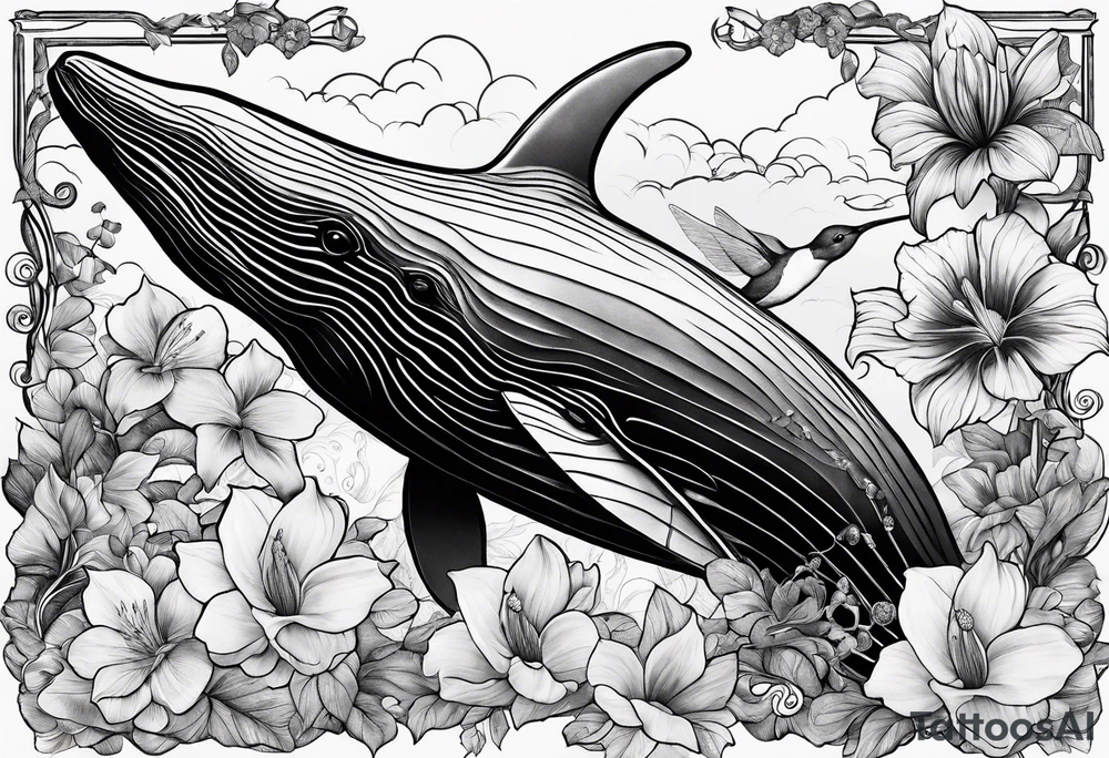 flowers, collage, whale and hummingbird tattoo idea