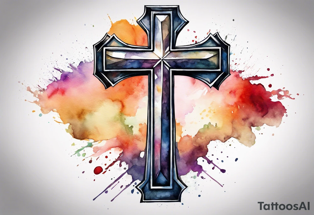 Cross made out of an American football with watercolor background tattoo idea