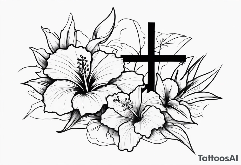 hibiscus and lily flowers in the background with an absent cross overlapping it tattoo idea