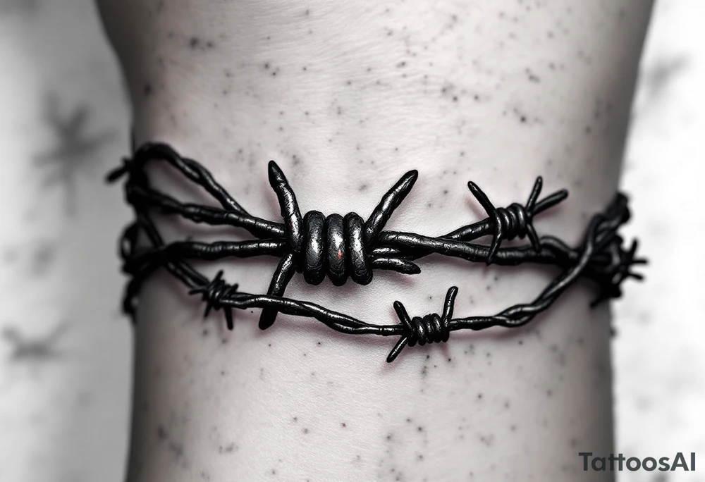 A realistic black and dark silver barbed wire tattoo wraps tightly around the arm, with sharp crimson highlights on the barbs and subtle shading to create a three-dimensional, metallic effect against the skin. tattoo idea