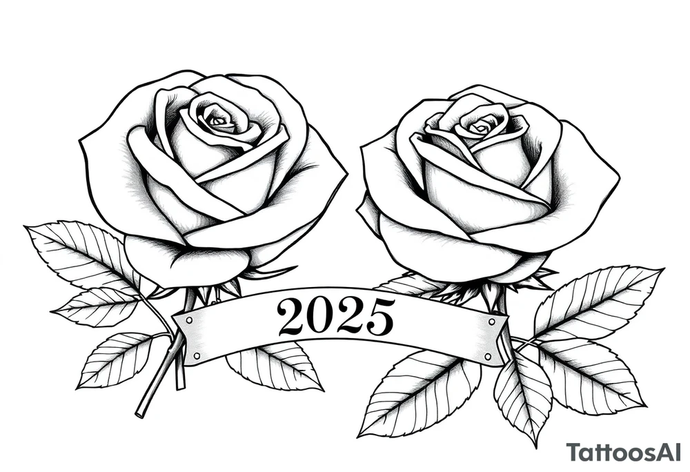 two beautiful large rose buds, one larger than the other, with lots and lots of leaves next to the rose buds, with one sitting slightly higher than the other, side-by-side.  Include a banner connecting the two roses with the year 2025 on it.   Use dark outlines with little shading. Remove all stems from the roses. tattoo idea
