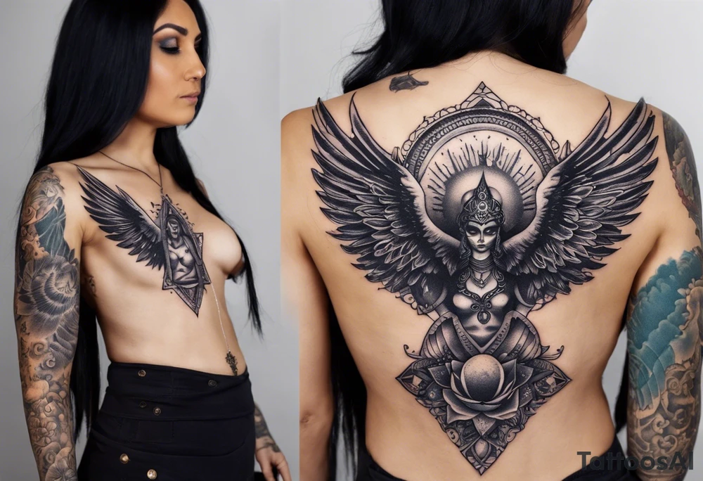 black kali, goddess pirate, alien, angel, pachamama, valkrye, warrior, flying, skull, lotus azul, wing, eagle, zenza resonance, stars, 5D, anahata chakra, death, durga, riding on a tiger, flying lady, kundalini, chest tatoo tattoo idea