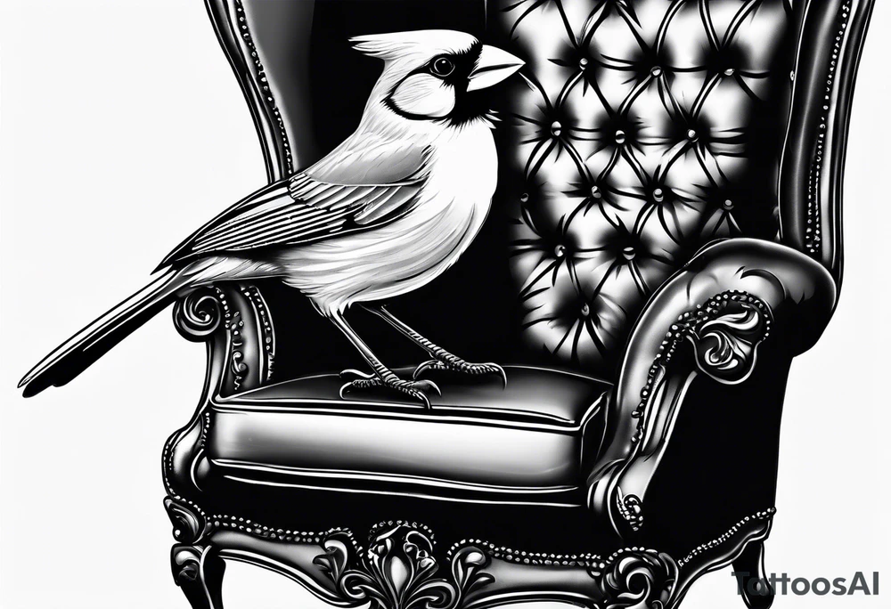 female cardinal in a chair drinking coffee tattoo idea