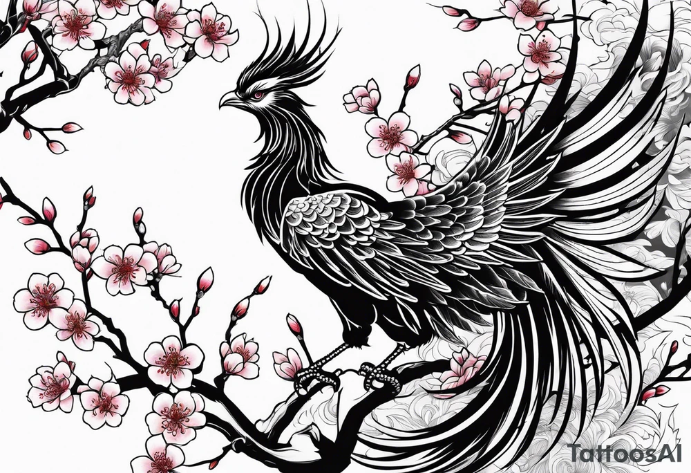 traditional Japanese phoenix and cherry blossoms no background tattoo idea