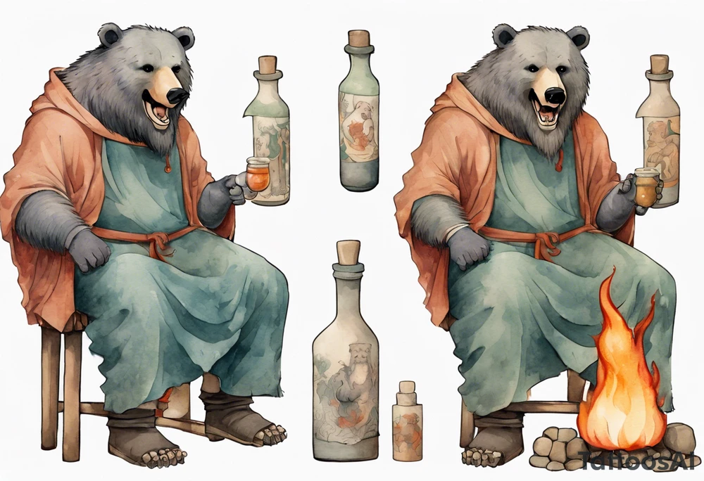 a medieval bear-human hybrid with a long grey beard wearing a tunic and boots, sitting on a stool by a fireplace drinking from a clay bottle, laughing tattoo idea