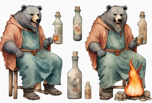 a medieval bear-human hybrid with a long grey beard wearing a tunic and boots, sitting on a stool by a fireplace drinking from a clay bottle, laughing tattoo idea