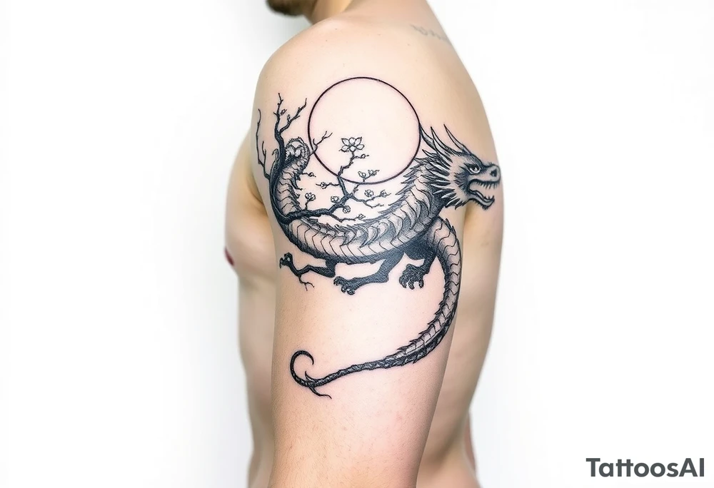 forearm sleeve tattoo, a dragon with a sakura tree and moon tattoo idea