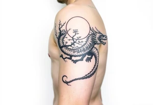 forearm sleeve tattoo, a dragon with a sakura tree and moon tattoo idea