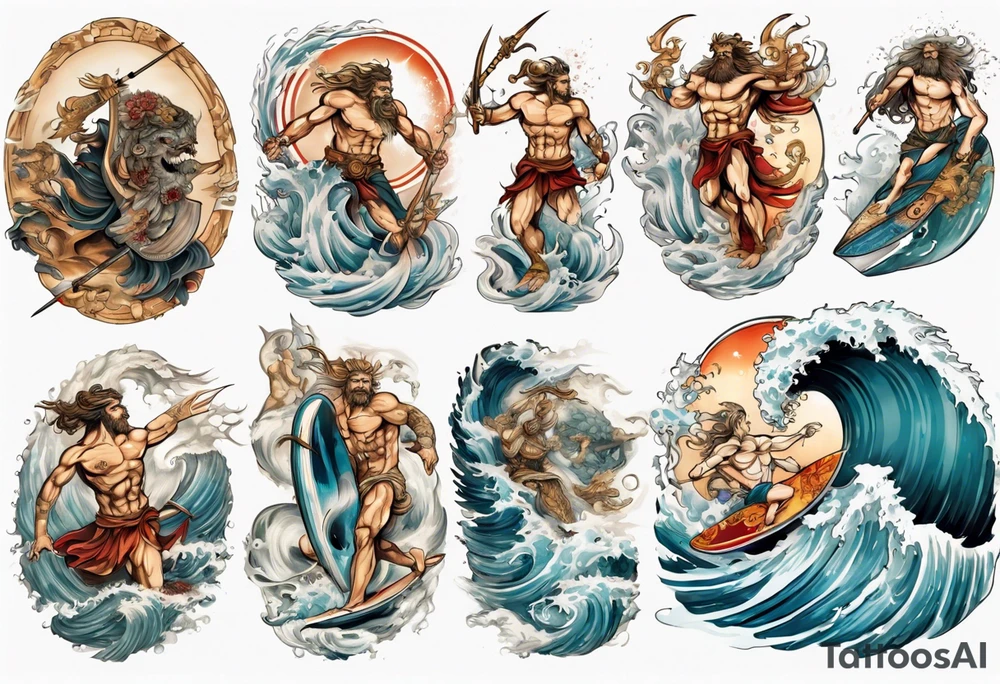 Ancient Greek gods of the sea fighting with surfer tattoo idea