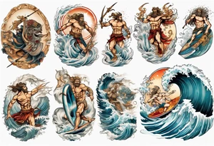 Ancient Greek gods of the sea fighting with surfer tattoo idea