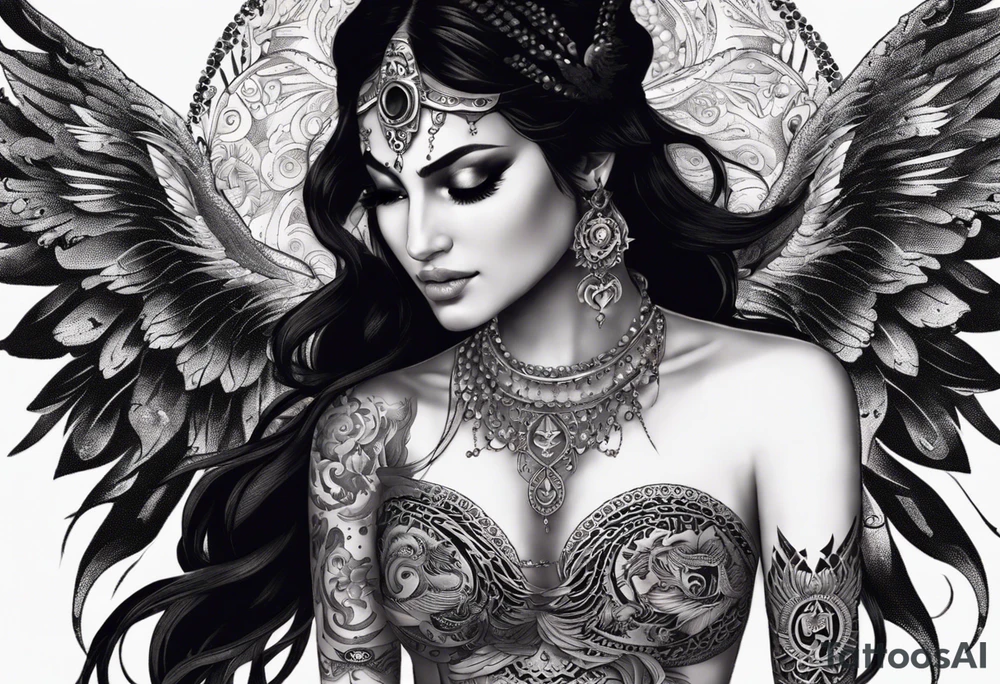 black kali, goddess pirate, alien, angel, pachamama, valkrye, warrior, flying, skull, lotus azul, wing, eagle, zenza resonance, stars, 5D, anahata chakra, death, durga, riding on a tiger, flying lady, chest tatoo tattoo idea