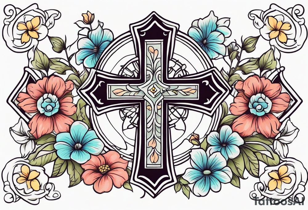 plain cross surrounded with flowers colorful tattoo idea
