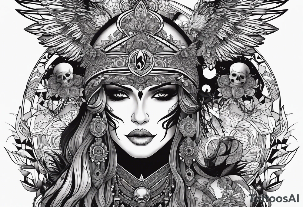 black kali, goddess pirate, alien, pachamama, valkrye, warrior, skull, lotus azul, wing, eagle, zenza resonance, stars, 5D tattoo idea