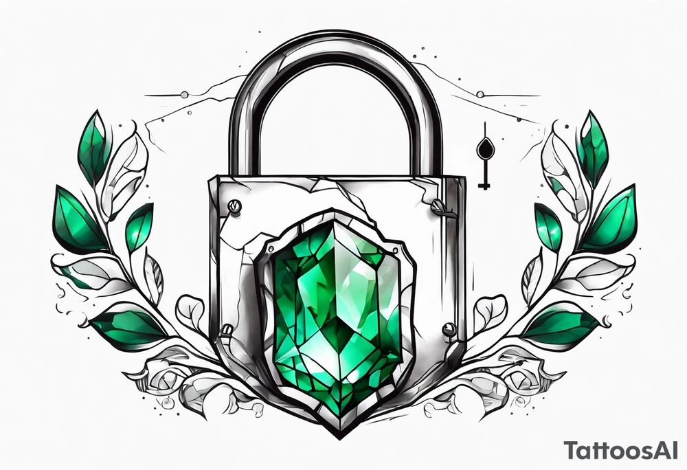 Lock and key with emerald stone tattoo idea
