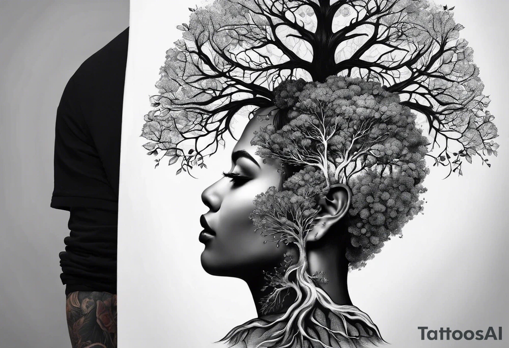 Andrea Rogge art tattoo, where two people are the roots and overflow into a tree, round tattoo tattoo idea